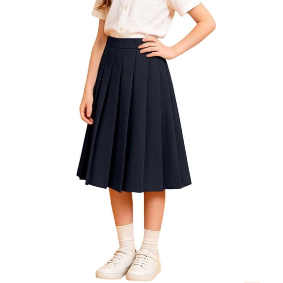 Kiijoy Girls School Uniform Pleated Midi Skirt High Waisted A Line Skirt, Navy, Size 3-12