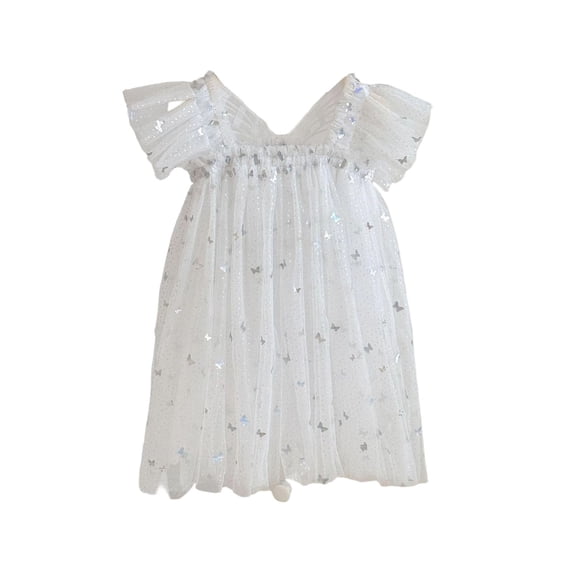 Kiijoy Girls Sequin Butterfly Tulle Dress Flutter Sleeve Party Dress, White, Size 12M-6Y