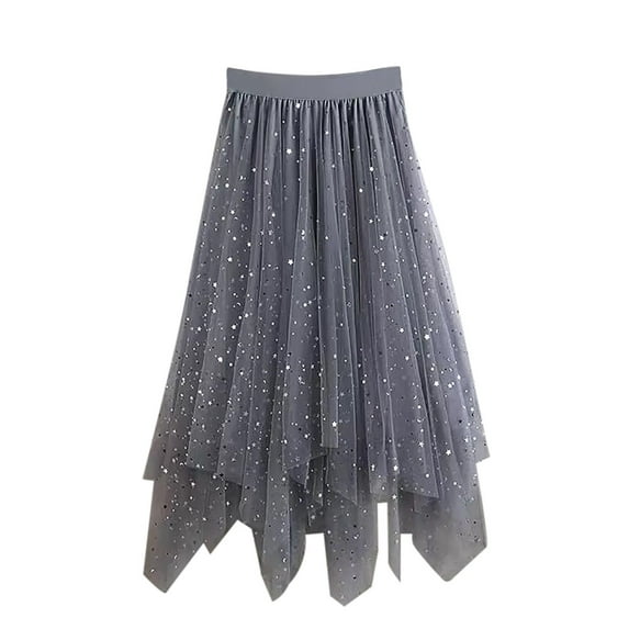 Kiijoy Girls Sequin Sparkly Layered Long Skirt Tulle Elastic Waist A Line Skirt, Sizes 6-7