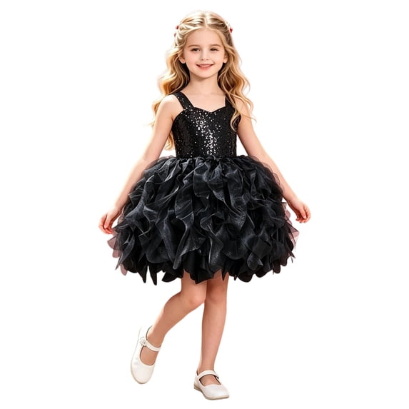 Kiijoy Girls Sequin Tulle Ruffle Dress Spaghetti Strap Birthday Party Pageant Gown, Black