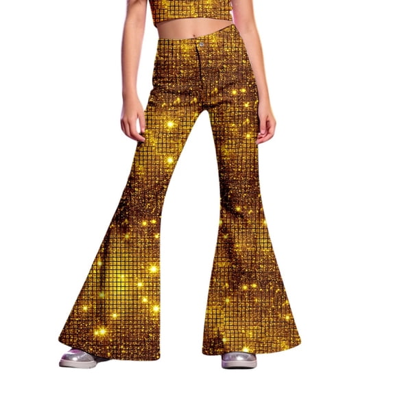 Kiijoy Girls Sequins Print Flared Pants High Rise Stage Performance Trousers, Sizes 5-6