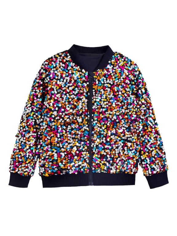 Girls Shiny Sequin Jacket Trendy Glitter Zip Up Bomber Jacket Outerwear, Sizes 2-15