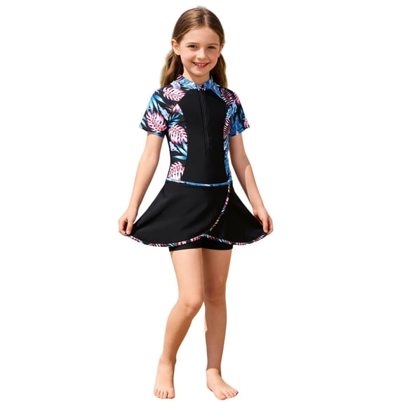 Kiijoy Girls Short Sleeve Rash Guard One-Piece Swimsuit & Swim Skirt, 2-Piece, Sizes 7-12