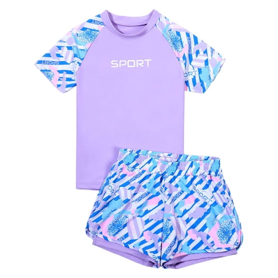 Kiijoy Girls Short Sleeve Rash Guard Swim Shorts 2-Piece Swimsuit Bathing Suits