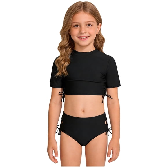 Kiijoy Girls Short Sleeve Rash Guard Swimsuit UPF 50+ High Waist Bathing Suits, Sizes 5-14