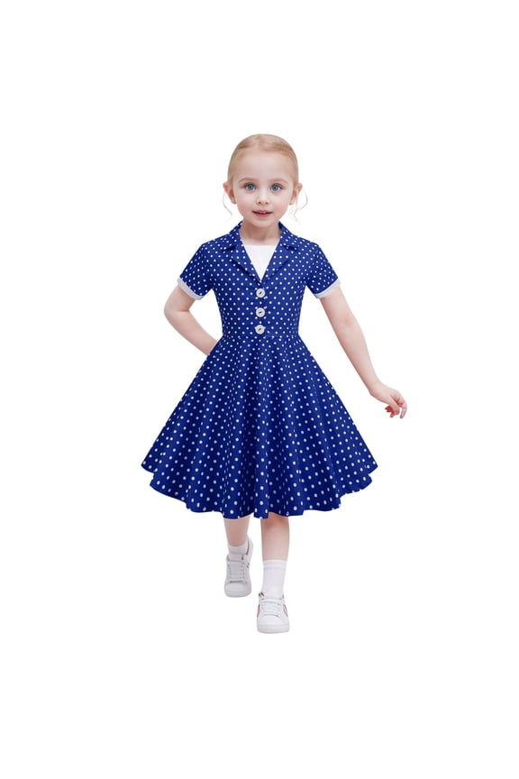 Girls Short Sleeve Vintage Polka Dot Dress Cotton Notch Neck Polo Dress, Sizes 3-12