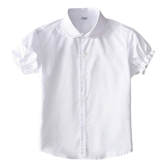 Kiijoy Girls Short Sleeve White Shirt School Uniform Lace Button Up Shirt, Sizes 11-12