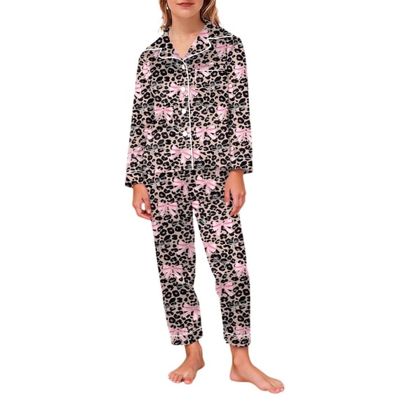Kiijoy Girls Sleepwear Leopard Long Sleeve Button Down Top Pants Outfit Set, Sizes 3-4