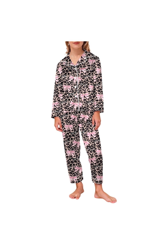 Girls Sleepwear Leopard Long Sleeve Button Down Top Pants Outfit Set, Sizes 3-4