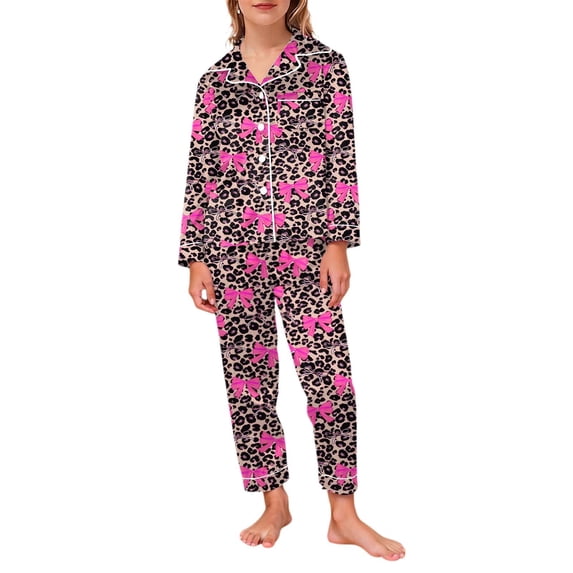 Kiijoy Girls Sleepwear Leopard Long Sleeve Button Down Top Pants Outfit Set, Sizes 3-4