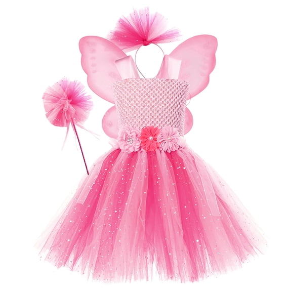 Kiijoy Girls Sleeveless Fairy Tutu Dress Butterfly Wings Headband Wand 4Pc Set, Sizes 2-12