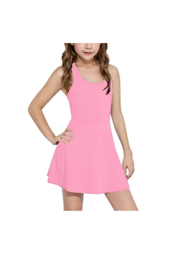 Girls Sleeveless Tennis Dress Stretchy Athletic Tank Dress with Built-In Shorts, Sizes 4-15