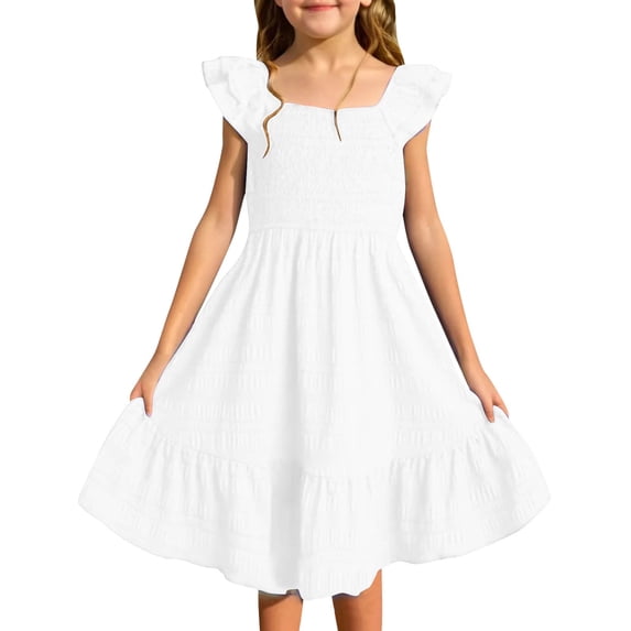 Kiijoy Girls Smocked Ruffle Sleeve Dress Summer Square Neck Dress Sundress, Sizes 3-14