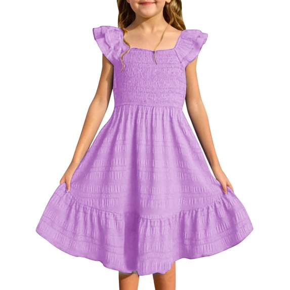 Kiijoy Girls Smocked Ruffle Sleeve Dress Summer Square Neck Dress Sundress, Sizes 3-14