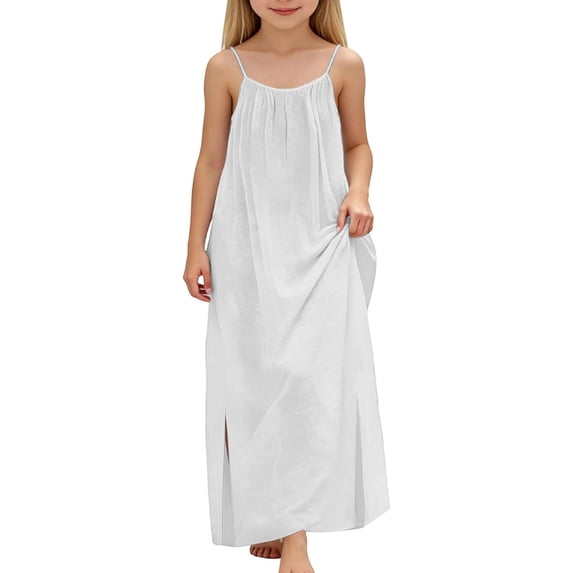 Kiijoy Girls Spaghetti Strap Maxi Dress Summer Sleeveless Loose Fit Lounge Dress, White