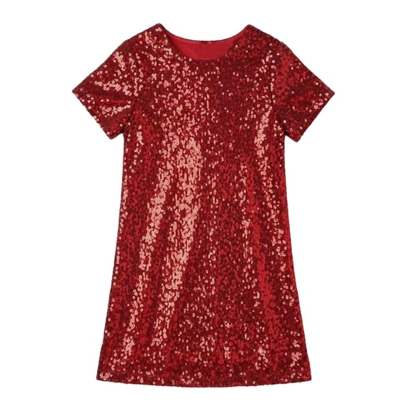 Kiijoy Girls Sparkling Sequin Dress Summer Elegant Short Sleeve Dress, Sizes 7-8