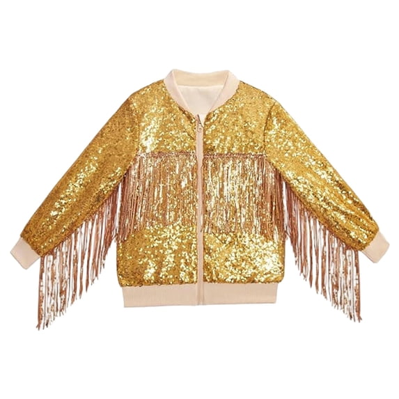 Kiijoy Girls Sparkly Fringe Sequin Jacket Shiny Zip Up Party Coat, Sizes 9-10