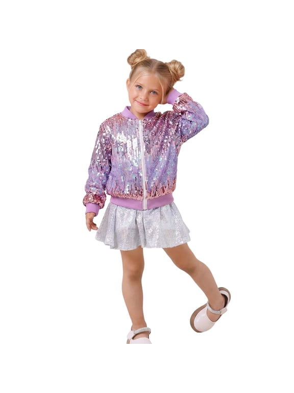 Girls Sparkly Sequin Jacket Fashion Shiny Zip Up Coat Kids Outerwear, 8-9 Years