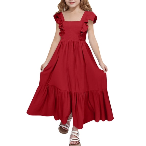 Kiijoy Girls Square Neck Ruffle Sleeveless Dress Casual Long Swing Dress, Red, Size 4-15