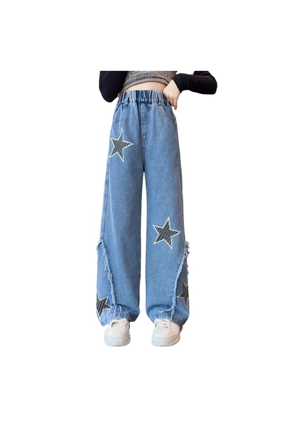 Girls Star Wide Leg Jeans Elastic Waist Baggy Straight Denim Pants, Sizes 9-10