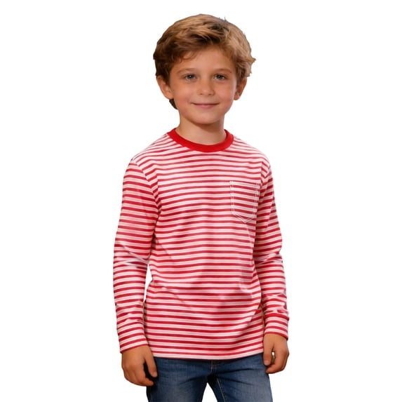 Kiijoy Girls Striped Long Sleeve T-Shirt Crewneck Pocket T Shirt Top, Red, 13-14 Years