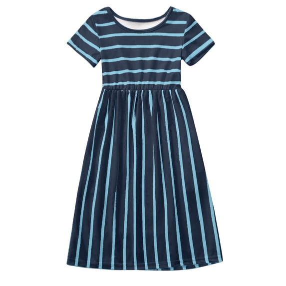 Kiijoy Girls Striped Short Sleeve Maxi Dress Casual High Waist Crewneck Dress, Sizes 11-12