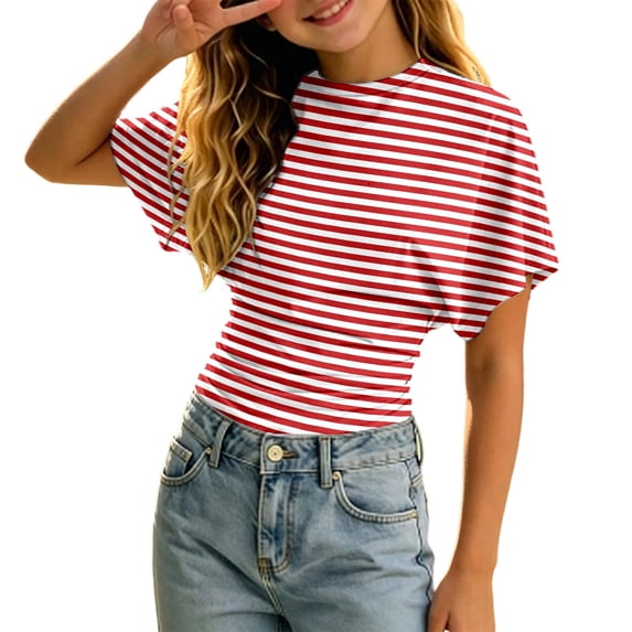 Kiijoy Girls Striped Short Sleeve Ruched T-Shirt Summer Casual Fitted T Shirt, Sizes 3-14