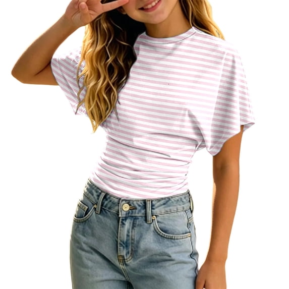Kiijoy Girls Striped Short Sleeve Ruched T-Shirt Summer Casual Fitted T Shirt, Sizes 3-14