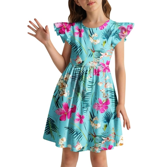 Kiijoy Girls Summer Flutter Sleeve Dress Flower Print Crew Neck Skater Dress, Sizes 3-4