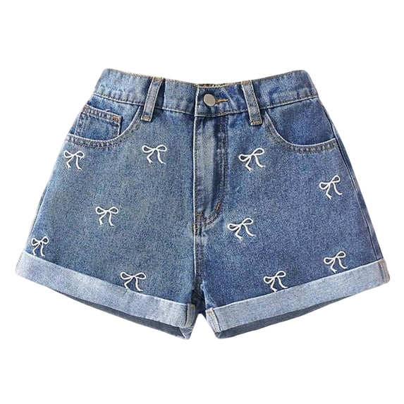 Kiijoy Girls Summer Loose Denim Shorts Casual Bow Embroidery Jean Shorts, Sizes 8-9