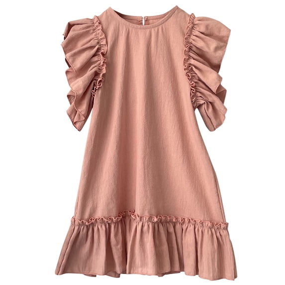 Kiijoy Girls Summer Ruffle Sleeve A Line Dress Casual Cotton Plain Dresses, Sizes 6M-6Y