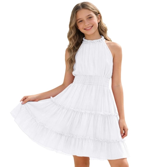 Kiijoy Girls Summer Sleeveless Tiered Flowy Dress Halter Ruffle A Line Party Dress