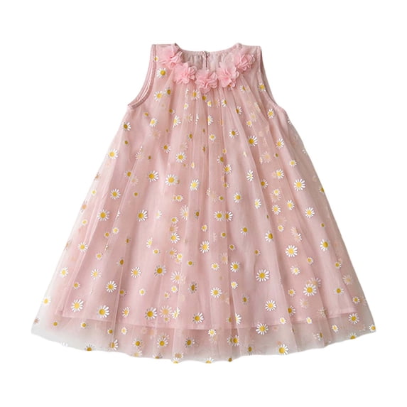 Kiijoy Girls Summer Sunflower Embroidery Mesh Dress Sleeveless Princess Dress, Sizes 2-8