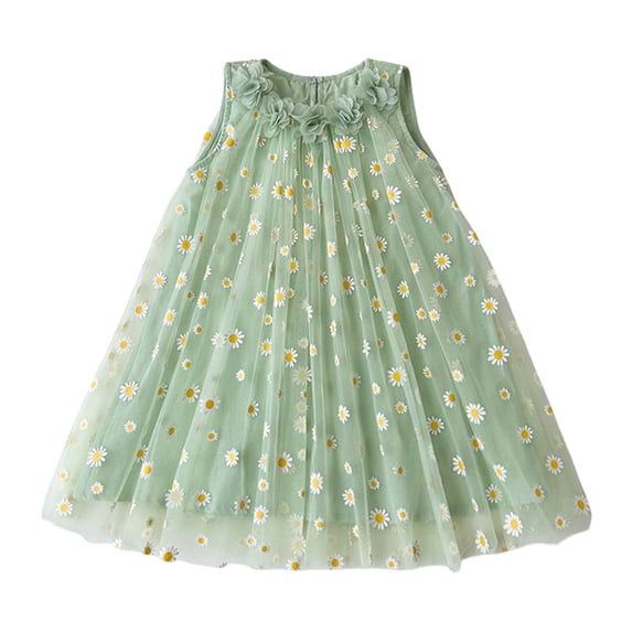 Kiijoy Girls Summer Sunflower Embroidery Mesh Dress Sleeveless Princess Dress, Sizes 2-8