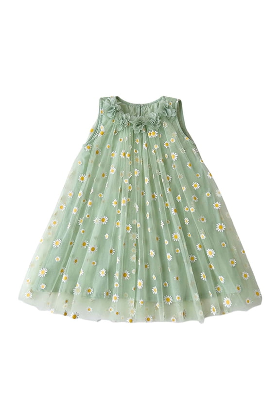 Girls Summer Sunflower Embroidery Mesh Dress Sleeveless Princess Dress, Sizes 2-8