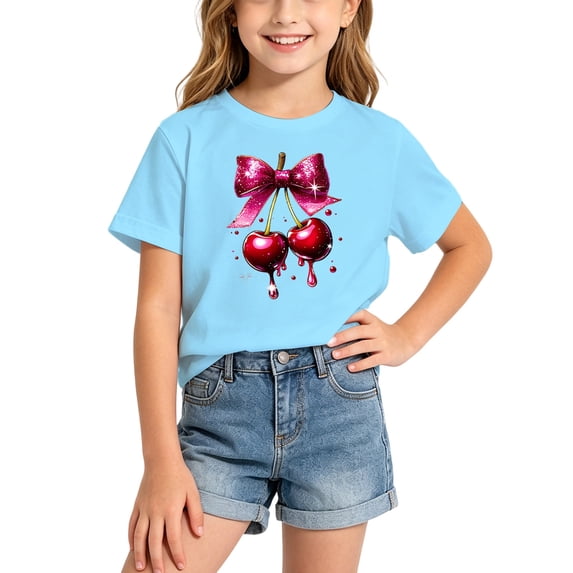 Kiijoy Girls Summer T-Shirt Cherry Print Short Sleeve Crew Neck T Shirt Tee, Sizes 2-14