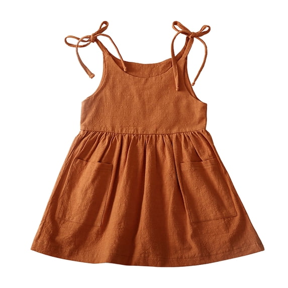 Kiijoy Girls Summer Tie-Shoulder Skater Dress Casual Solid Plain Dress, Sizes 1-6