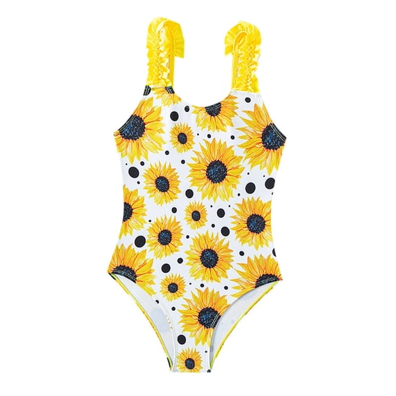 Kiijoy Girls Sunflower Print One-Piece Swimsuit Ruffle Strap Bathing Suit, Sizes 5-14