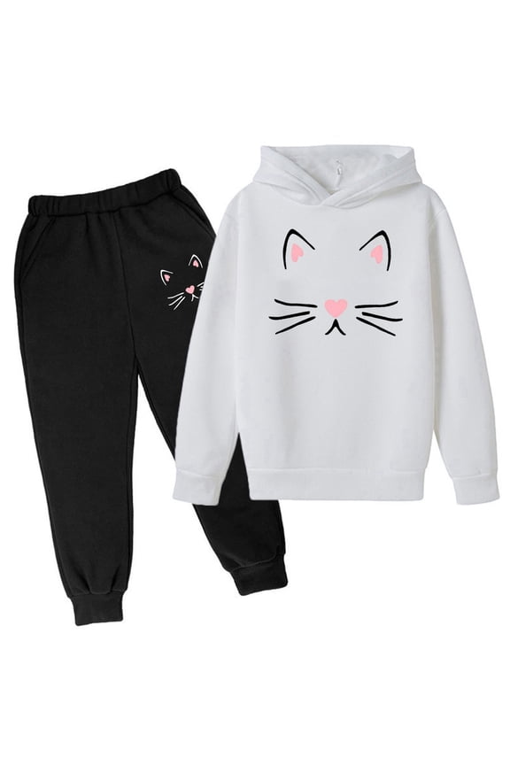 Girls Sweatsuit Cartoon Cat Print Pullover Hoodie Sweatpants Outfits, Sizes 3-14