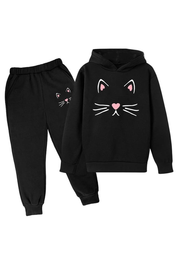 Girls Sweatsuit Cartoon Cat Print Pullover Hoodie Sweatpants Outfits, Sizes 3-14