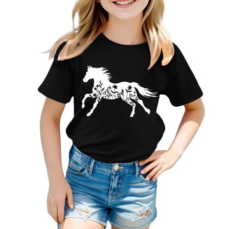 Kiijoy Girls T-Shirt Horse Graphic Short Sleeve T Shirt Kids Casual Soft Tshirt, Sizes 3-4