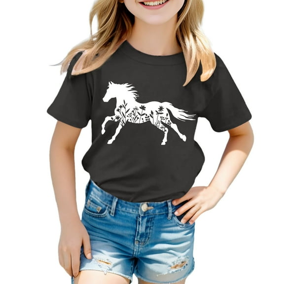 Kiijoy Girls T-Shirt Horse Graphic Short Sleeve T Shirt Kids Casual Soft Tshirt, Sizes 6-7