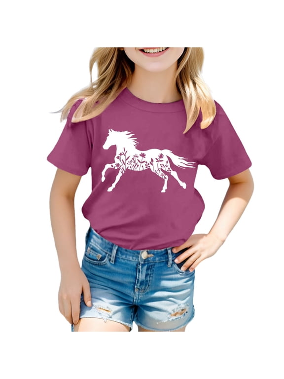 Girls Horse Print Graphic Tee Summer Casual Short Sleeve O-Neck T Shirt, Sizes 3-13