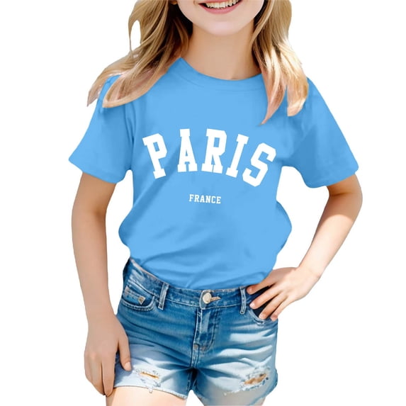 Kiijoy Girls T Shirt Paris Print Short Sleeve T-Shirt Casual Sports Tshirt, Sizes 7-8
