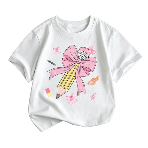 Kiijoy Girls T-Shirt Pencil Graphic Cute T Shirt Kids Short Sleeve Top, White, Sizes 10-11