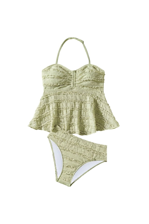 Girls Tankini Set Halter Ruffle Lightweight Swimsuit Beach Bathing Suit, Sizes 7-16