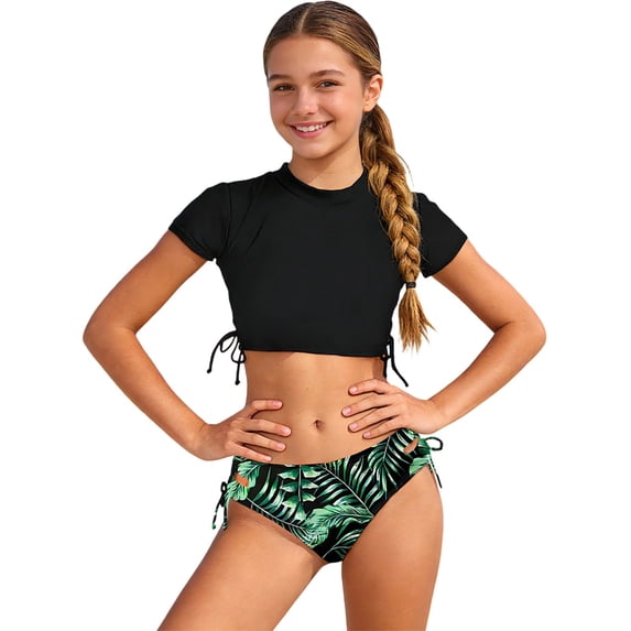 Kiijoy Girls Tankini Swimsuit Short Sleeve Rash Guard Tropical Bathing Suit, Sizes 11-12