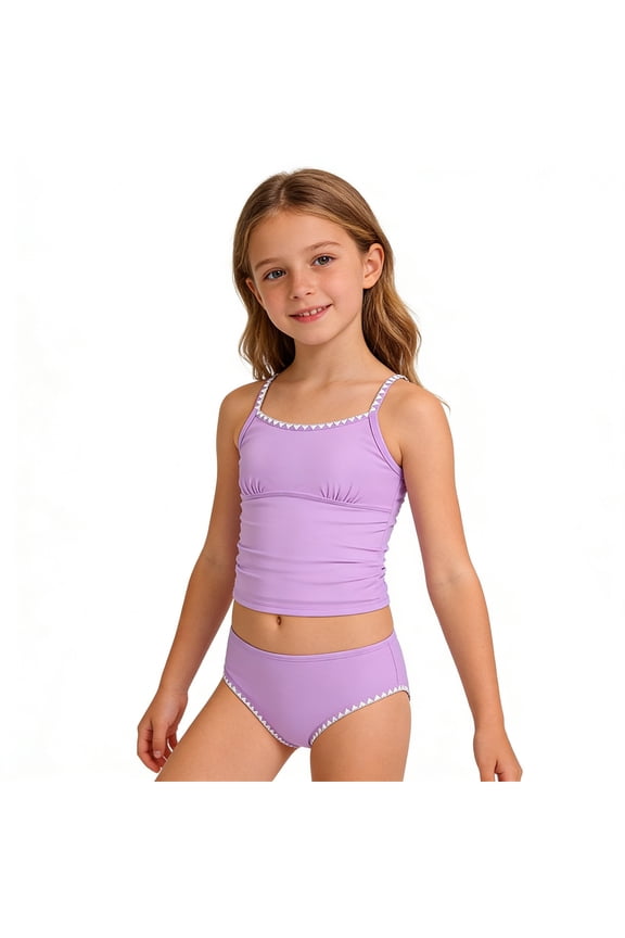 Girls Tankini Swimsuit Solid Padded UPF 50+ Bathing Suit Kids Swimwear, Sizes 8-14