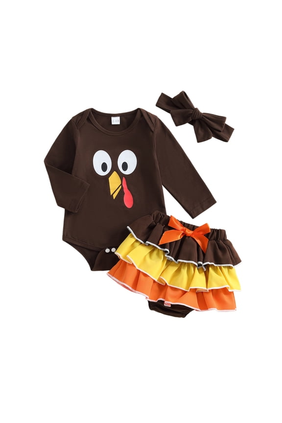 Girls Thanksgiving Turkey Print Romper Tutu Skort Headband 3Pcs Set, Sizes 0-3M