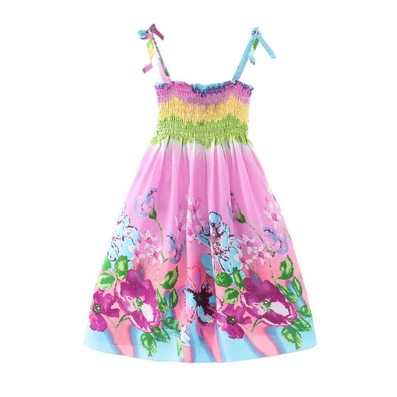 Kiijoy Girls Tie-Shoulder Floral Bohemian Dress Beach Smocked Sleeveless Dress, Sizes 3-4